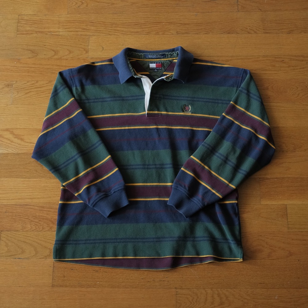 Tommy Hilfiger Rugby Shirt Mens Multicolor Striped Crest Preppy XL Vintage